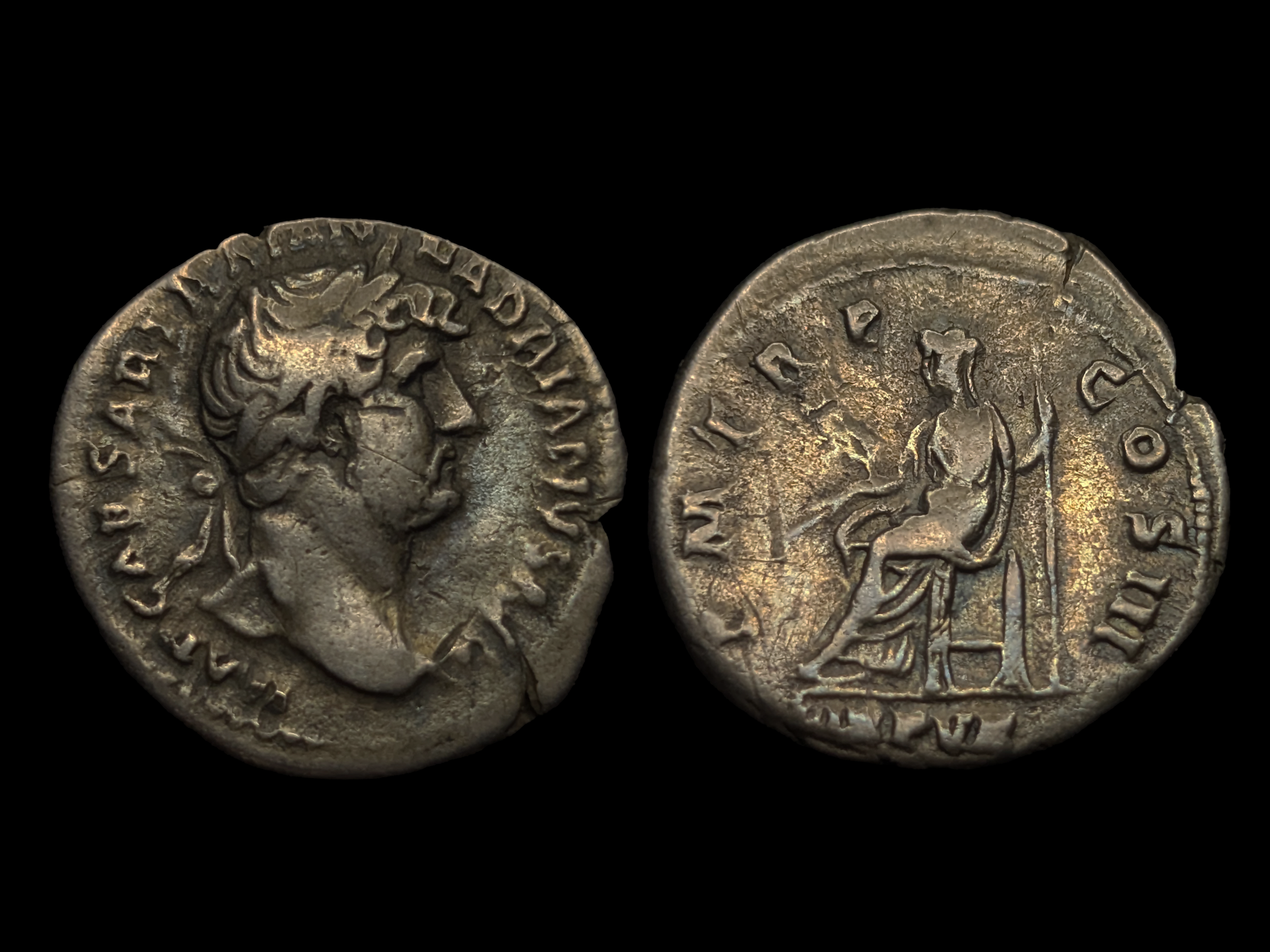 Hadrian AR Denarius Rome Libertas seated left LIB PVB exergue 119-122 AD - aVF - Toned