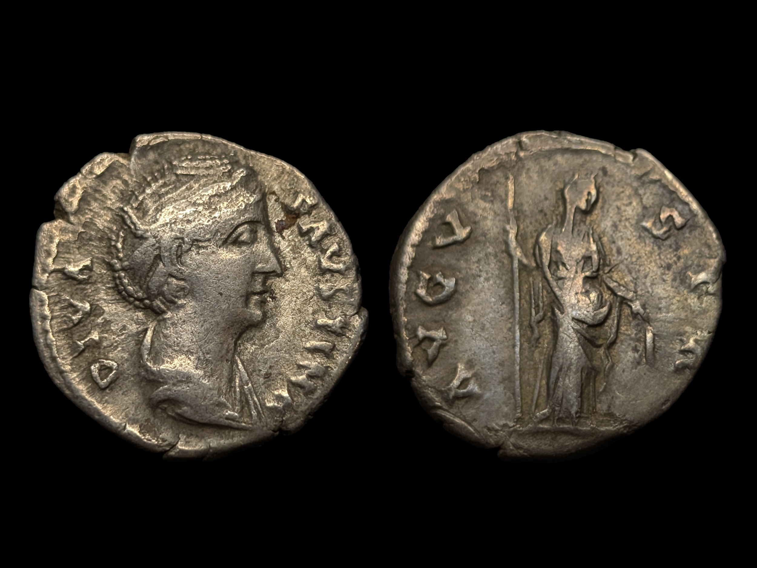 Diva Faustina I AR Denarius Ceres Standing Right 141 AD - nVF