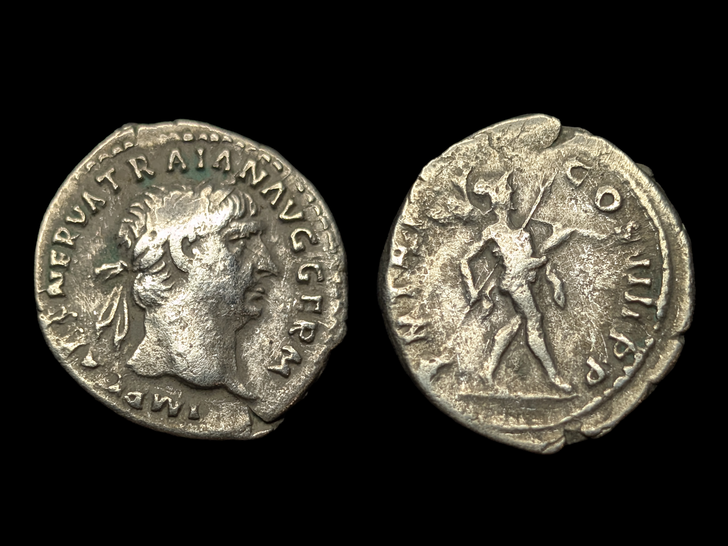 Trajan AR Denarius Mars walking right 101-102 AD - VF