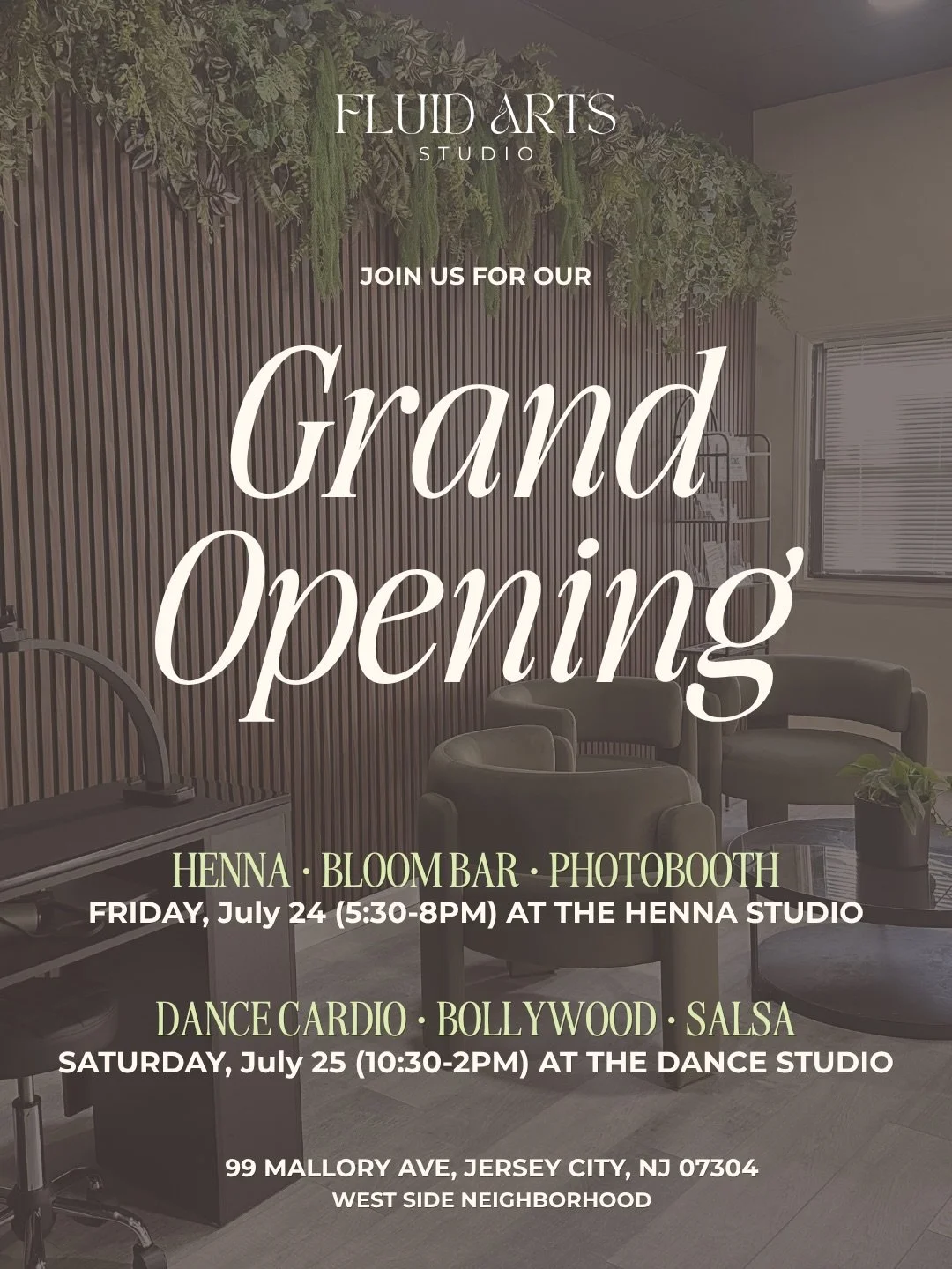 Fluid Arts Studio is OPENING ✨ - Dance, Music, &amp; Henna all in one place. 

📍 99 Mallory Ave, Jersey City

🌿 FRIDAY, July 24 (5:30&ndash;8PM) at Fluid Arts Studio
Henna (free &amp; paid designs available!) &bull; Bloom Bar &bull; Photobooth

💃 