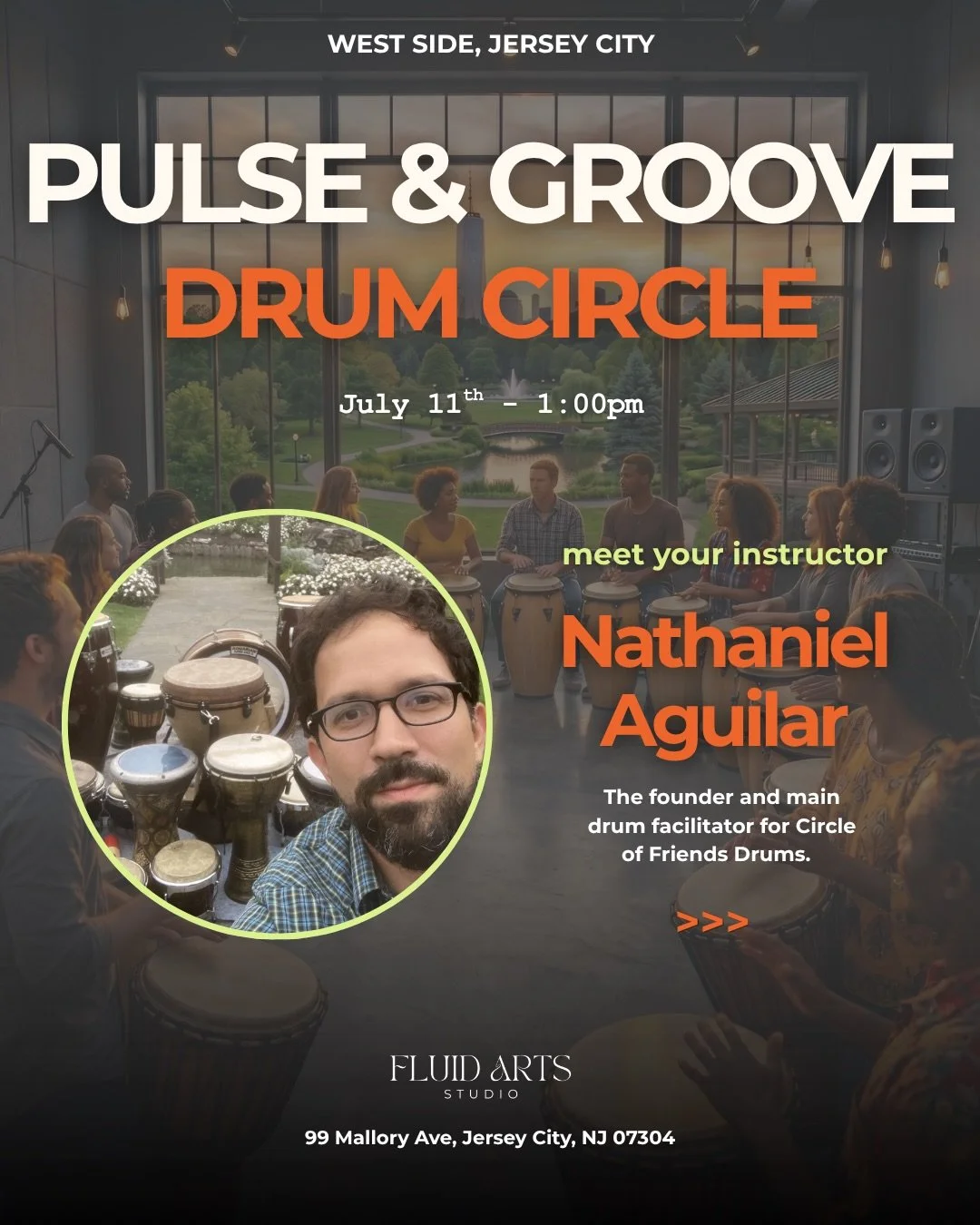 🚨THIS SATURDAY in WEST SIDE, JC ➡️ Join Nathaniel from @circle_of_friends_drums for a beginner-friendly and uplifting 90-minute Drum Circle experience 🥁

Tickets: $24
Saturday, July 11th
1-2:30pm
Fluid Arts Studio - 99 Mallory Ave, Jersey City, NJ 