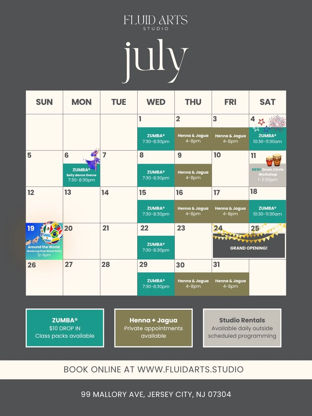 This might be our biggest month yet and all thanks to the community coming out to support 🫶 A new drum circle, belly dance fitness, an immersive World Cup watch party, AND our Grand Opening weekend - July is stacked. 

📍99 Mallory Ave, Jersey City 