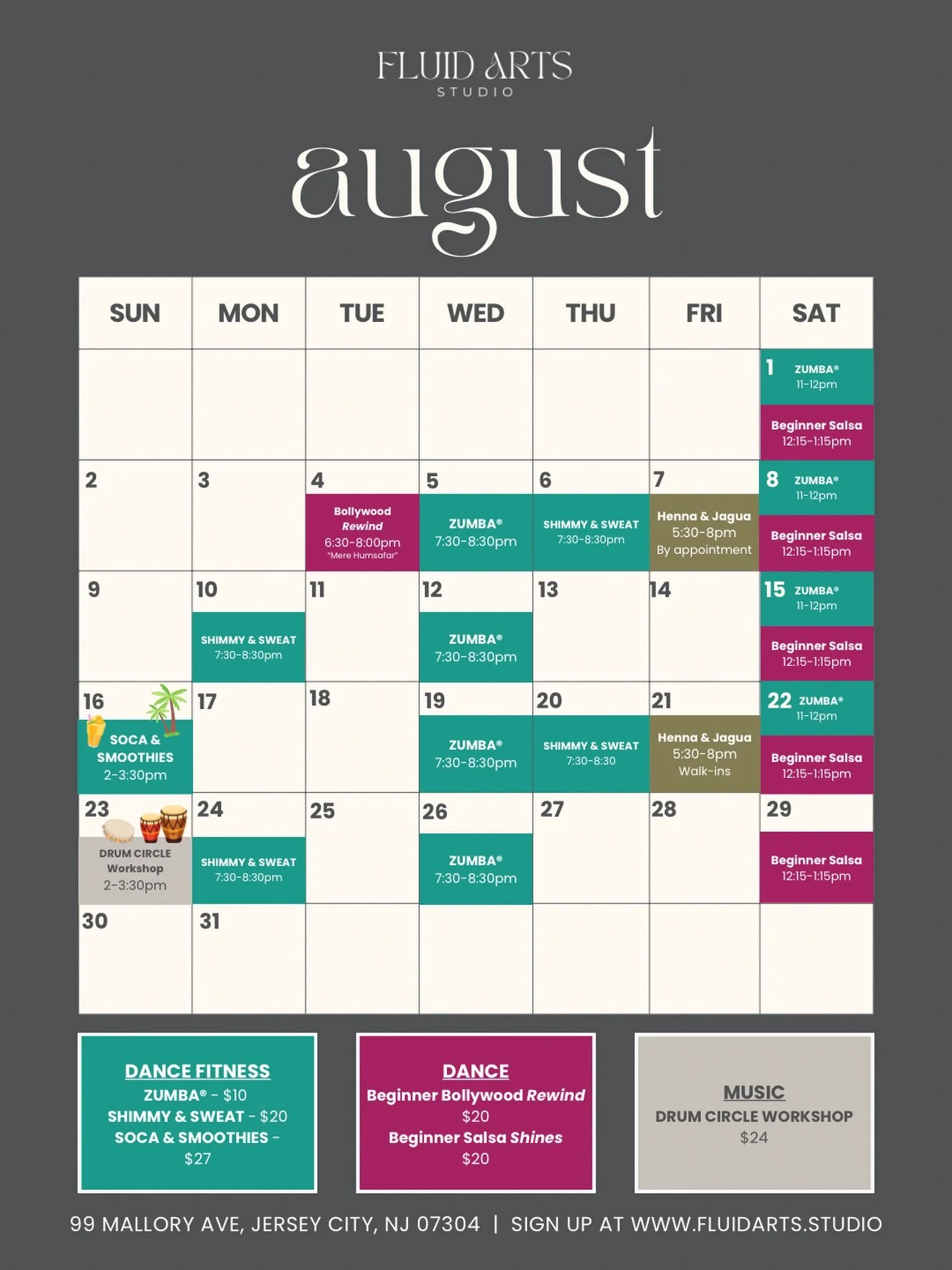 📣 AUGUST AT FLUID ARTS - Grab your calendar, this month is FULL 🔥 

ZUMBA&reg; 🕺 &mdash; high-energy dance cardio set to Latin &amp; global beats. Sweat, smile, repeat. Multiple sessions all month, $10/class (class packs also available) 

SHIMMY &