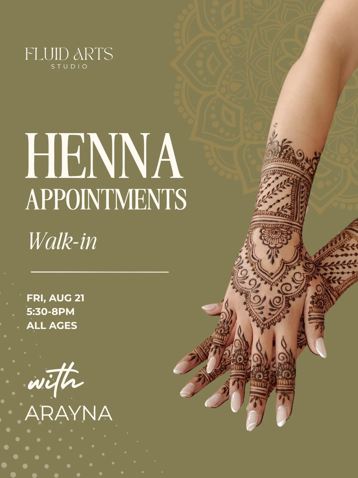 Henna season is here 🌸 Stop by Fluid Arts Studio this Friday (8/21) between 5:30-8PM for walk-in henna with Arayna. All ages welcome &mdash; bring a friend! No booking required, just walk right in. 🤍

Jersey city henna, henna studio, henna for kids