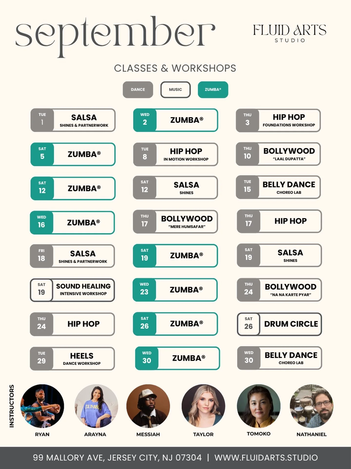 🍂 SEPTEMBER AT FLUID ARTS STUDIO 🍂

A whole month of movement, rhythm, and release &mdash; here&rsquo;s what&rsquo;s on the calendar 👇

💃 **Salsa** with @ryan.t.b.dpt &mdash; Shines classes, Partnerwork workshops, and beginner friendly

🕺 **Hip 
