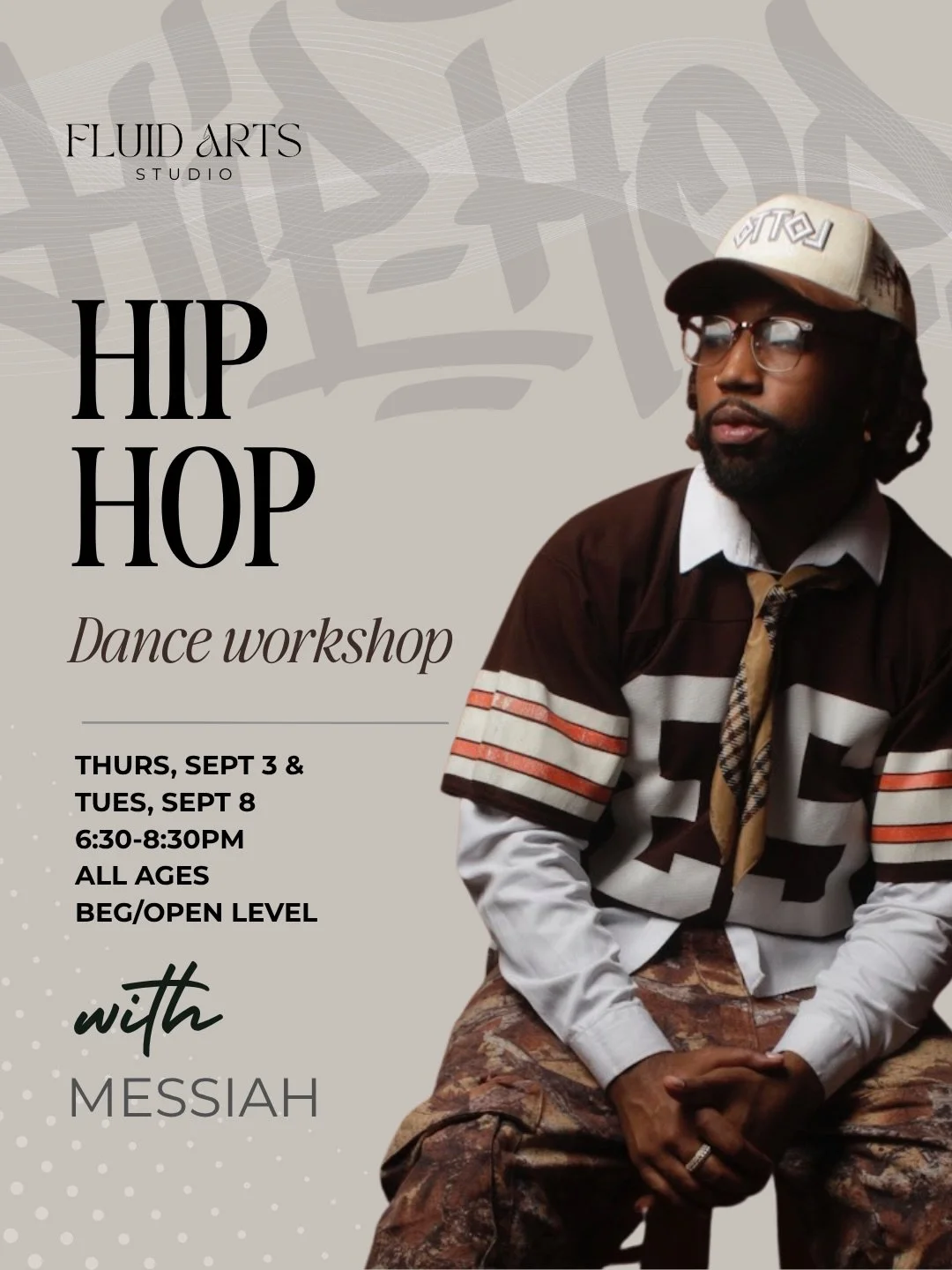 NEW instructor alert 👀🎤

Say hello to Messiah @_messiahdances &mdash; bringing Hip Hop to Fluid Arts Studio this September!

Two ways to get in on it:

🔥 Hip Hop Foundations &mdash; Thurs, Sept 3 | 6:30-8:30pm
Groove, bounce, rock, rhythm &amp; mu