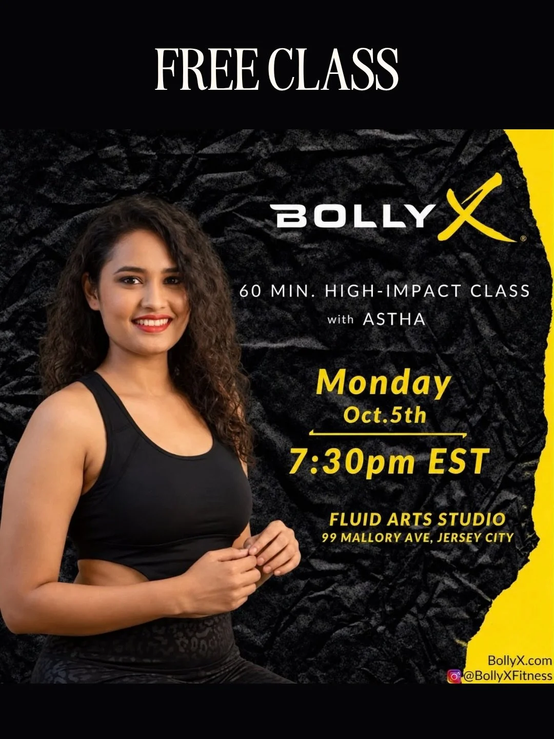 💥 FREE CLASS on Monday 10/5! BollyX with @bollyxglowwithasthashah 

Get ready to SWEAT, DANCE, and unleash your inner Bollywood star! 💃✨ This 60-minute high-energy BollyX class combines dynamic Bollywood-inspired choreography with cardio intervals 