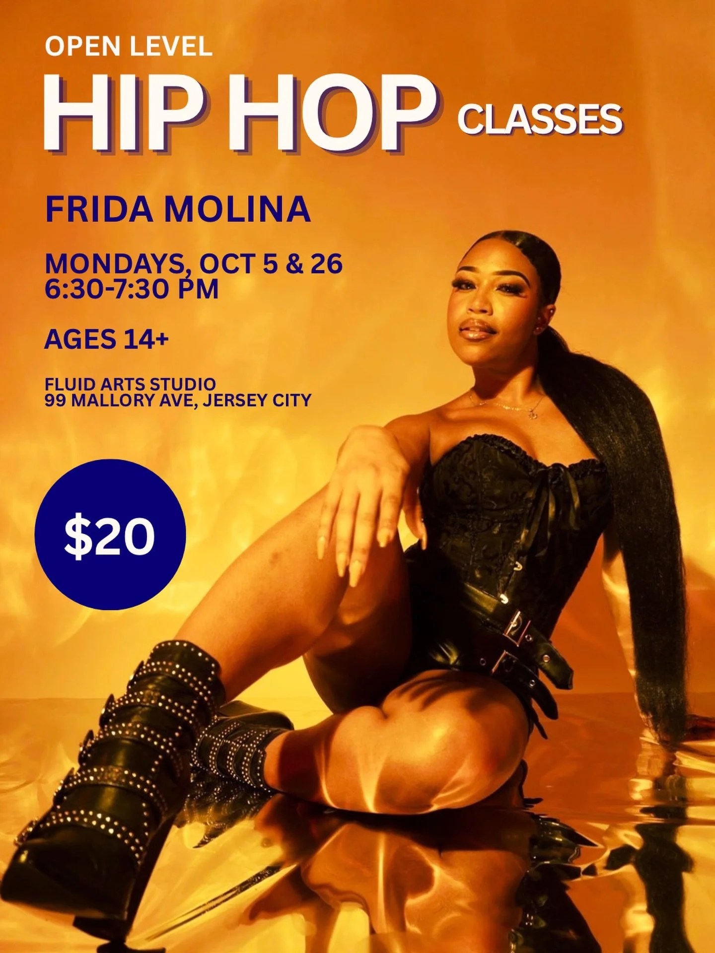 Join @fridamolinaaaa for 2 Open Level Hip Hop classes this month! Open to ages 14+ and Adults. 

Credits : Lil Kim, Usher, Coi Leray, Bad Bunny, Yailin La Mas Viral, New York Fashion Week, Mr.Vegas

This class is all about finding your inner artist t