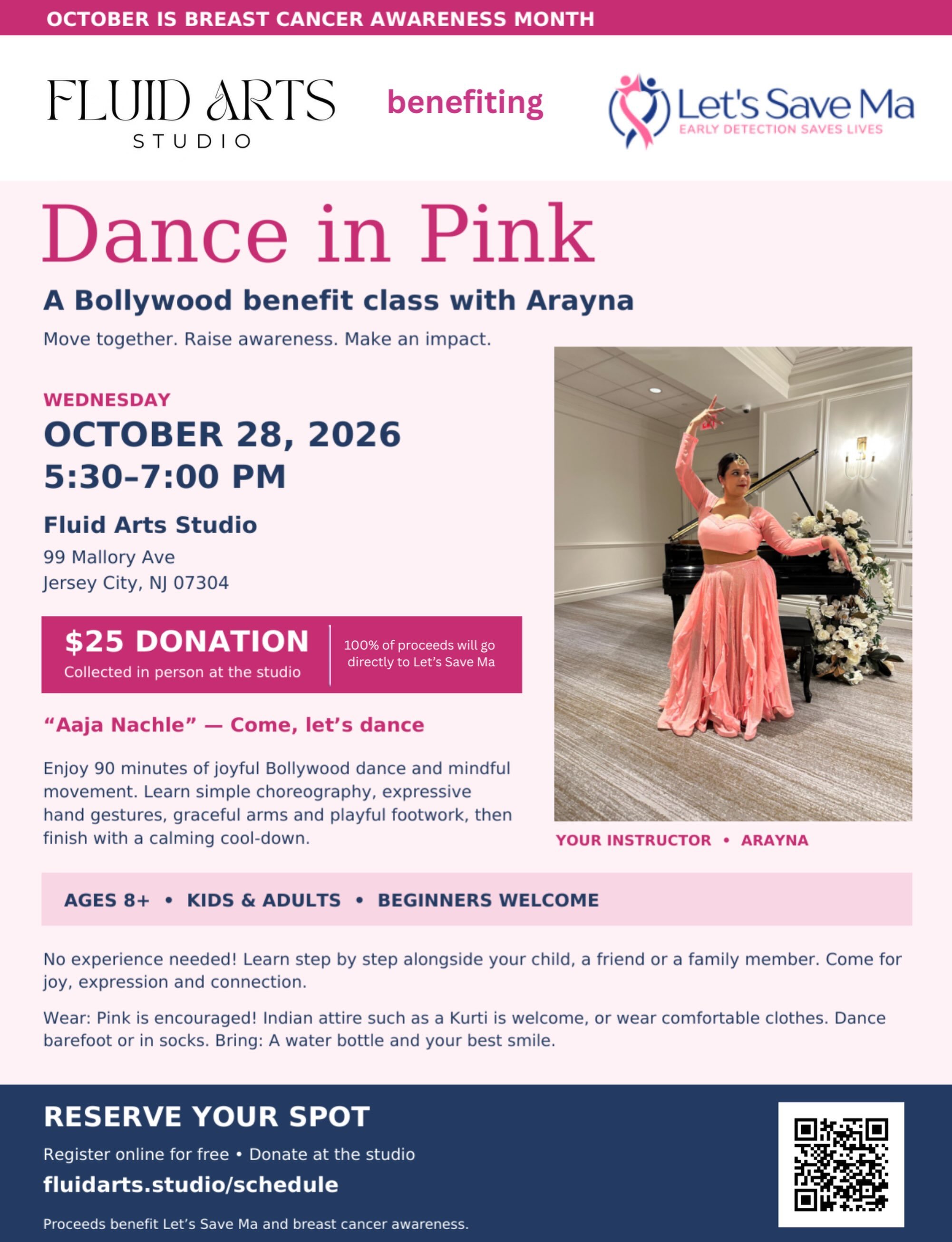 💗 DANCE IN PINK 💗
A Bollywood Benefit Class supporting @letssavema 🎀

Join us for a special Bollywood choreography class set to &ldquo;Aaja Nachle.&rdquo; No dance experience needed! We&rsquo;ll break down the choreography step by step so everyone