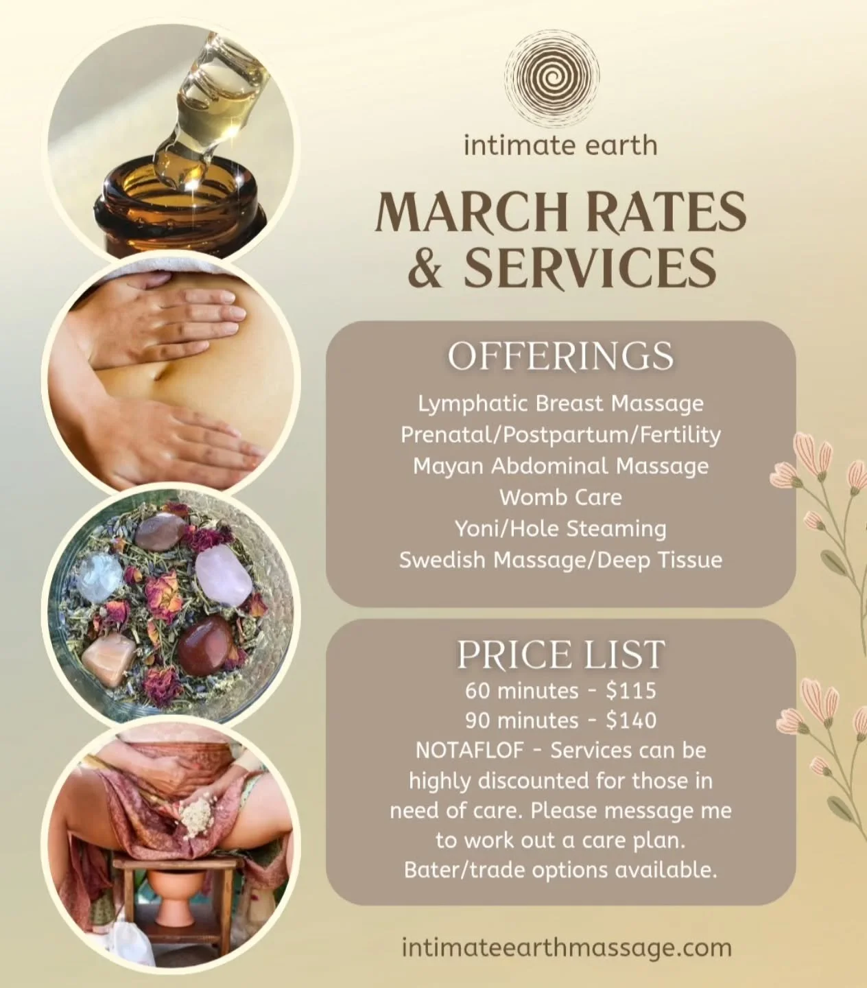 Happy spring my chickadees! 🌼 🌸 🌻 come on in for wombcare, lymph care, hands-in p**vic care, steams, belly rubs, deep tissue and more! Mix and match all services, a session can consist of anything you need &amp; desire 🧚&zwj;♂️ ❤️
This is bodywor