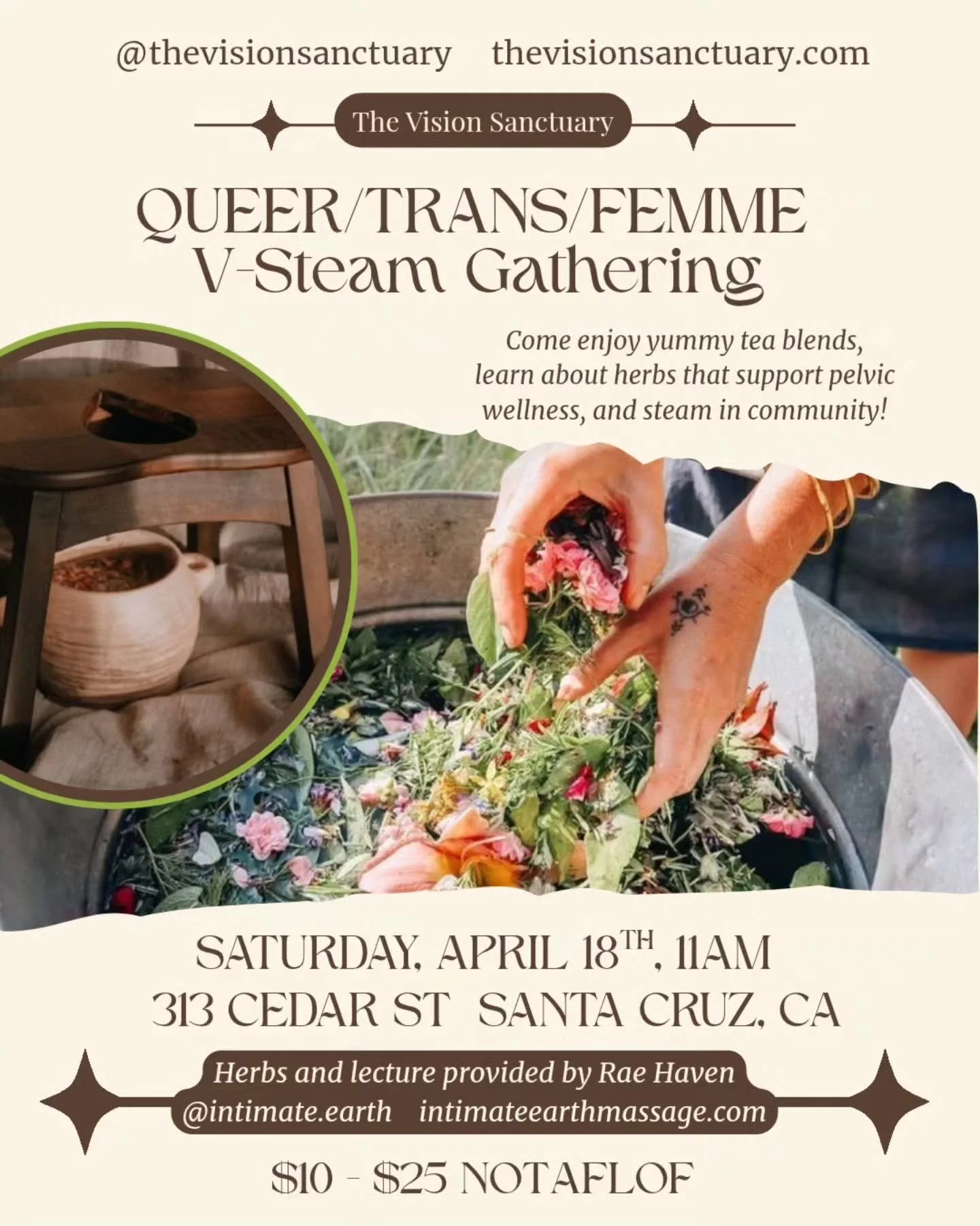 Always been curious about steaming &amp;/or pelv*c health? 🐝 Join our stream circle, April 18th! 🌈 Herbs and teas will be provided along with a community ritual, pelv*c health Q&amp;A corner, short herbal lecture and time to just yap &amp; steam! ✨