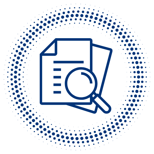 Icon of a document with a magnifying glass over it, surrounded by a dotted circular pattern.
