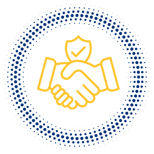 Handshake with a shield and checkmark, symbolizing trust or agreement.