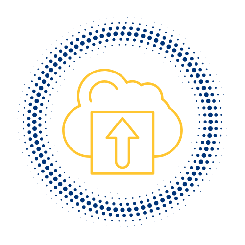 Yellow cloud upload icon with arrow inside a square, on a black background with blue dotted circular pattern.