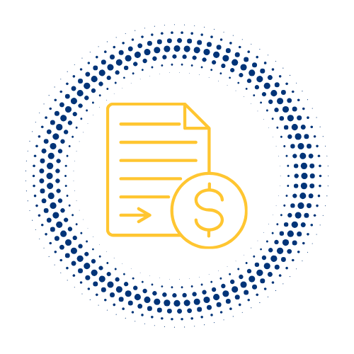 Icon of a financial document with a dollar sign and arrow, surrounded by blue dotted circle.