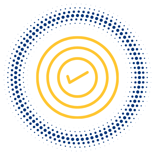 Yellow checkmark inside concentric circles on a black background with blue dotted pattern.