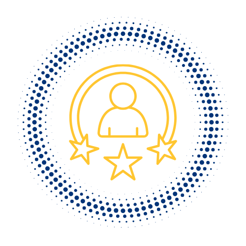 Icon of a person with three stars connected in a circular pattern, surrounded by a dotted blue ring on a black background.