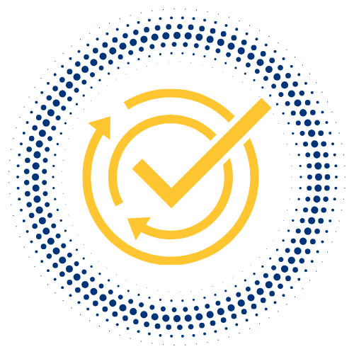 Yellow checkmark inside a circular arrow with a dotted blue background