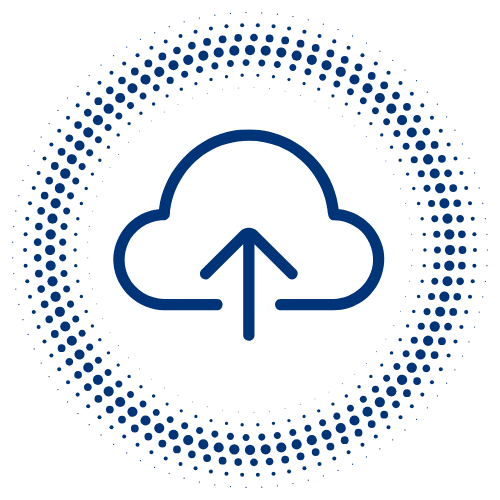 Digital cloud icon with an upward arrow representing cloud upload, surrounded by a dotted circular pattern.