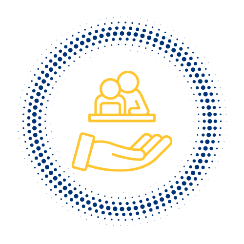 Icon of two people in a classroom or discussion setting being supported by a large hand, surrounded by a dotted blue circle.
