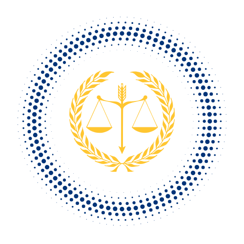 Gold scales of justice inside a laurel wreath, with a black background and a blue dotted circular pattern.