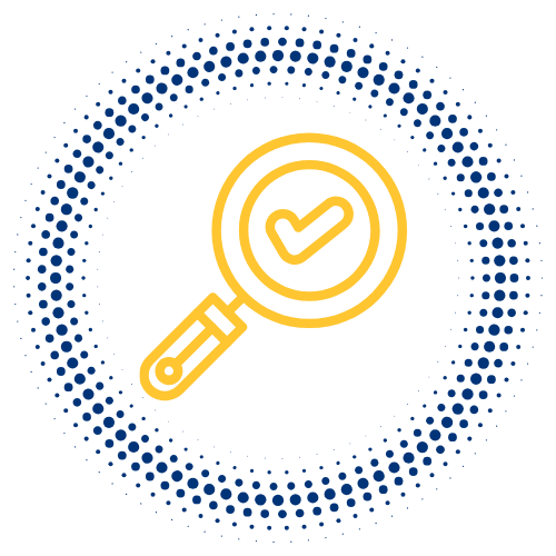 Magnifying glass with a check mark inside, surrounded by a dotted blue circular pattern.