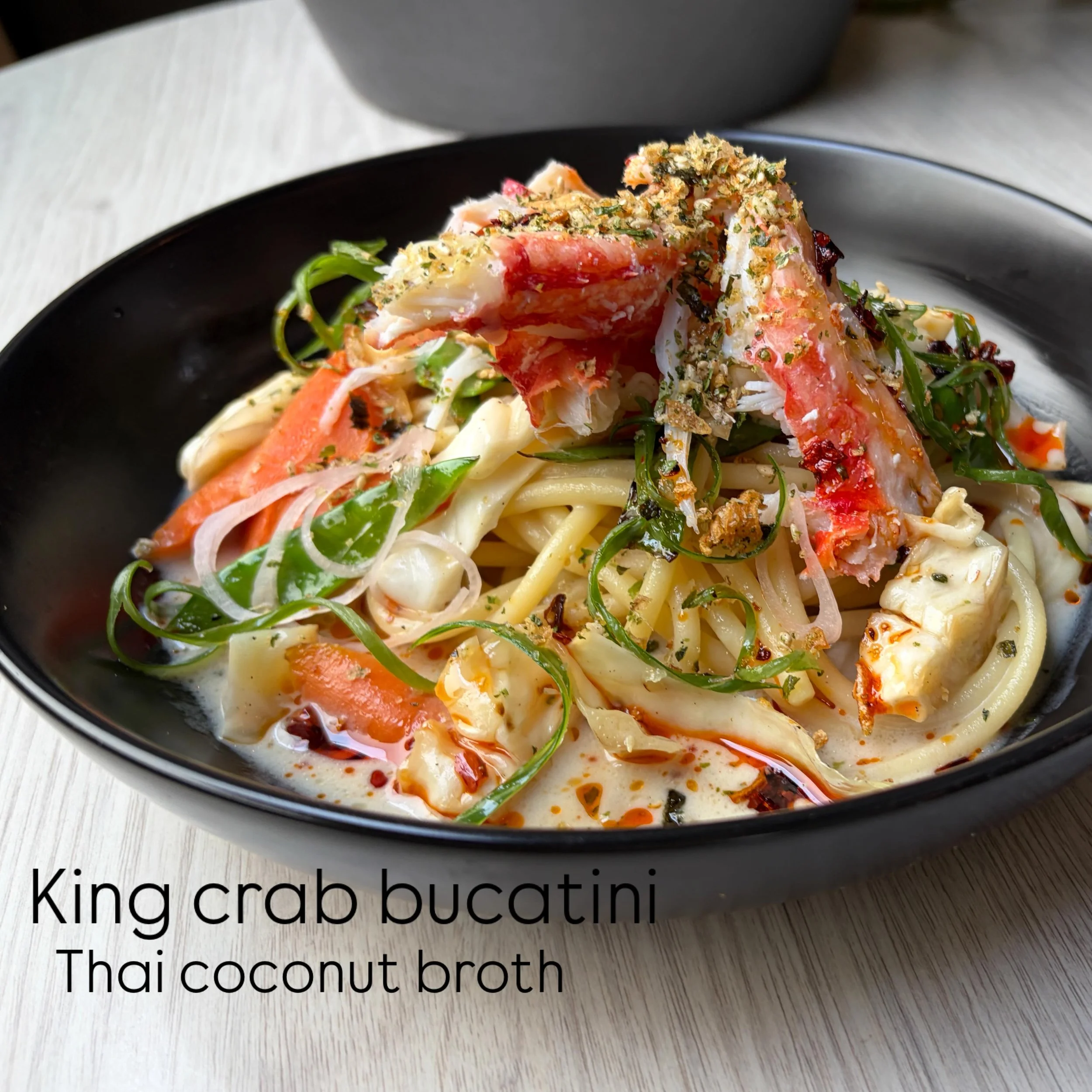 For a very limited time we are doing this entree special-
King crab/ sesame/ charred snow peas/ tom kha style coconut broth/ butter