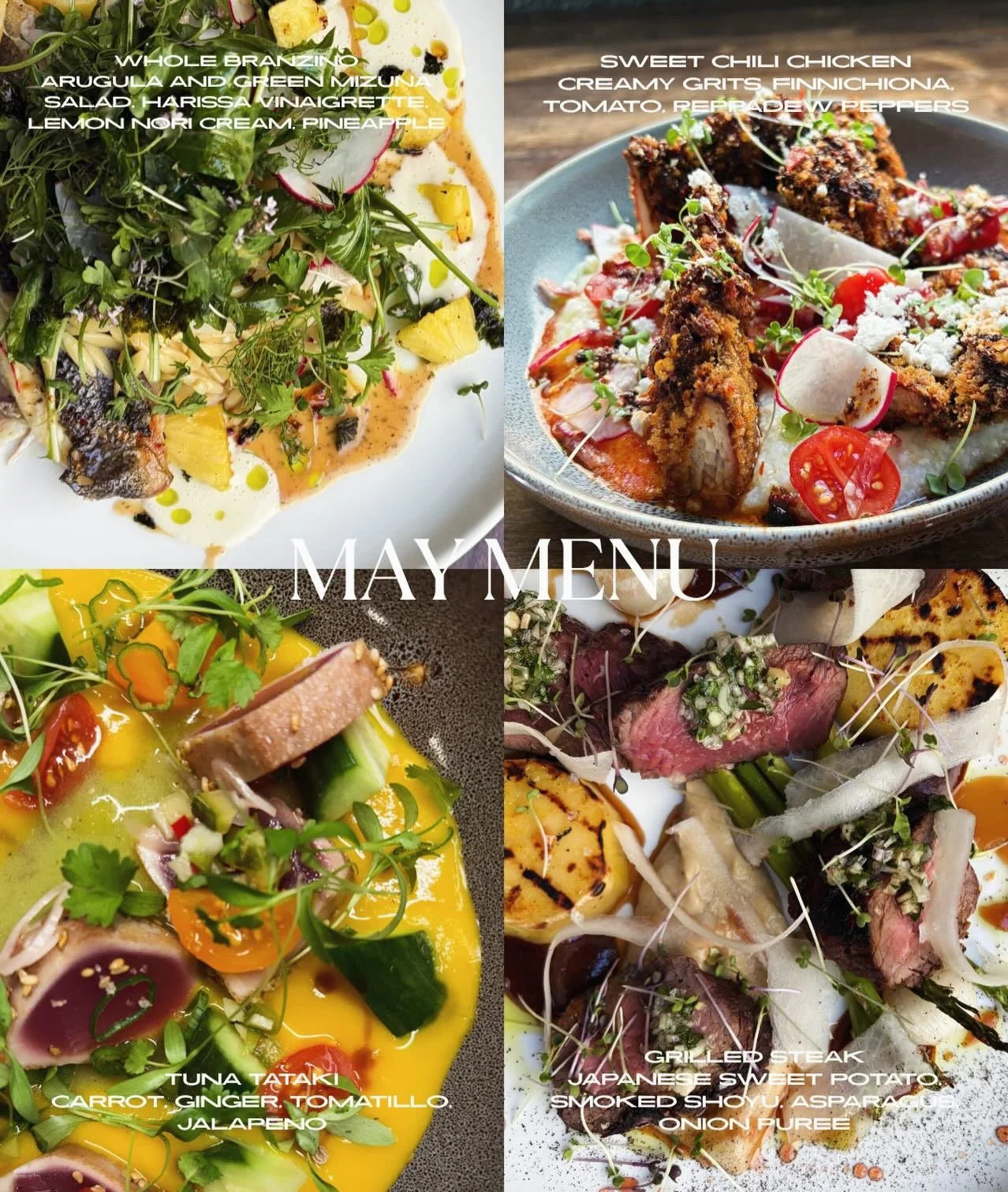Our current menu for May! These items change often so get them while we have them!