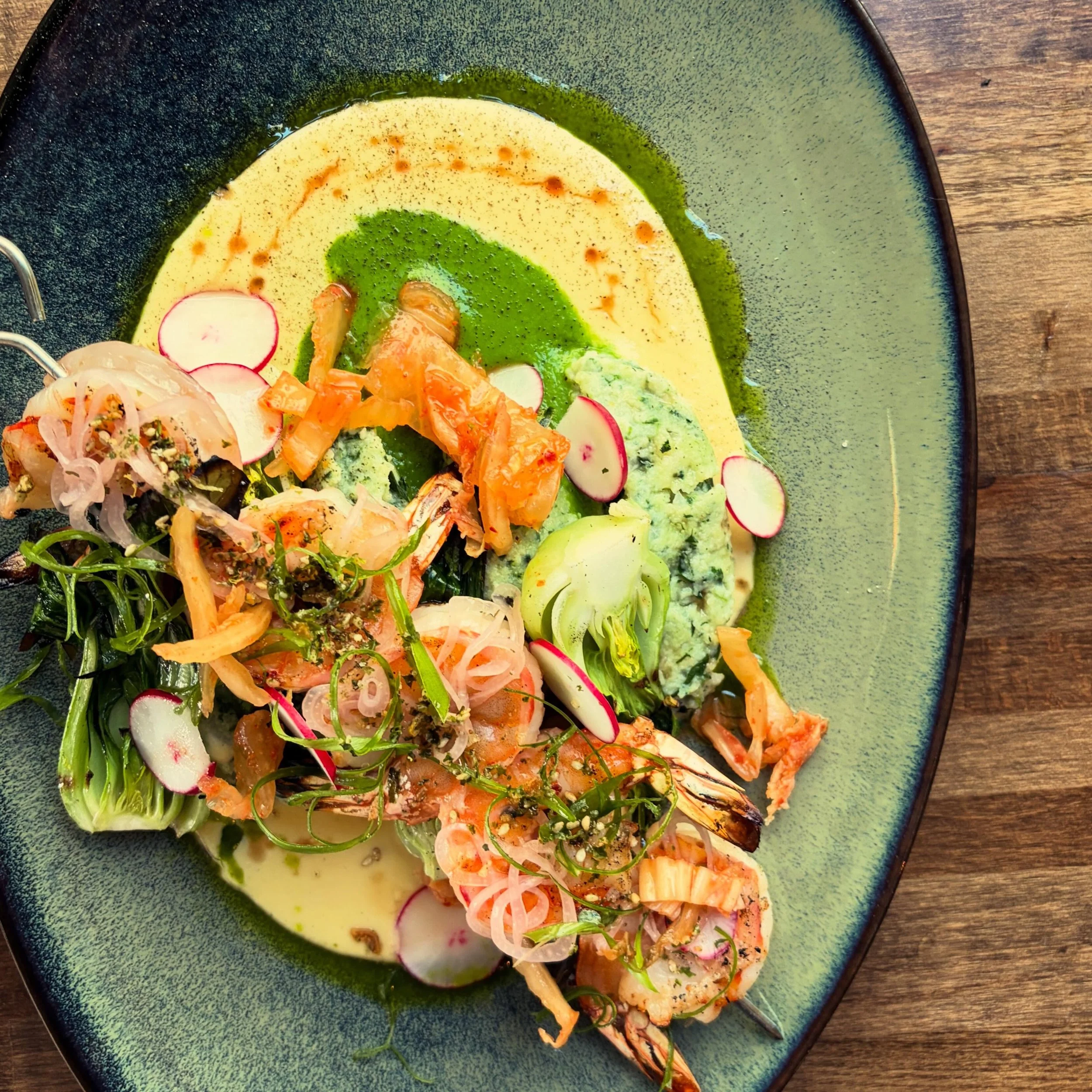 New menu item replacing our bucatini!
Grilled shrimp- spinach ricotta dumplings, miso corn pudding, baby bok choy, parsley sauce, furikake, kimchi, nori