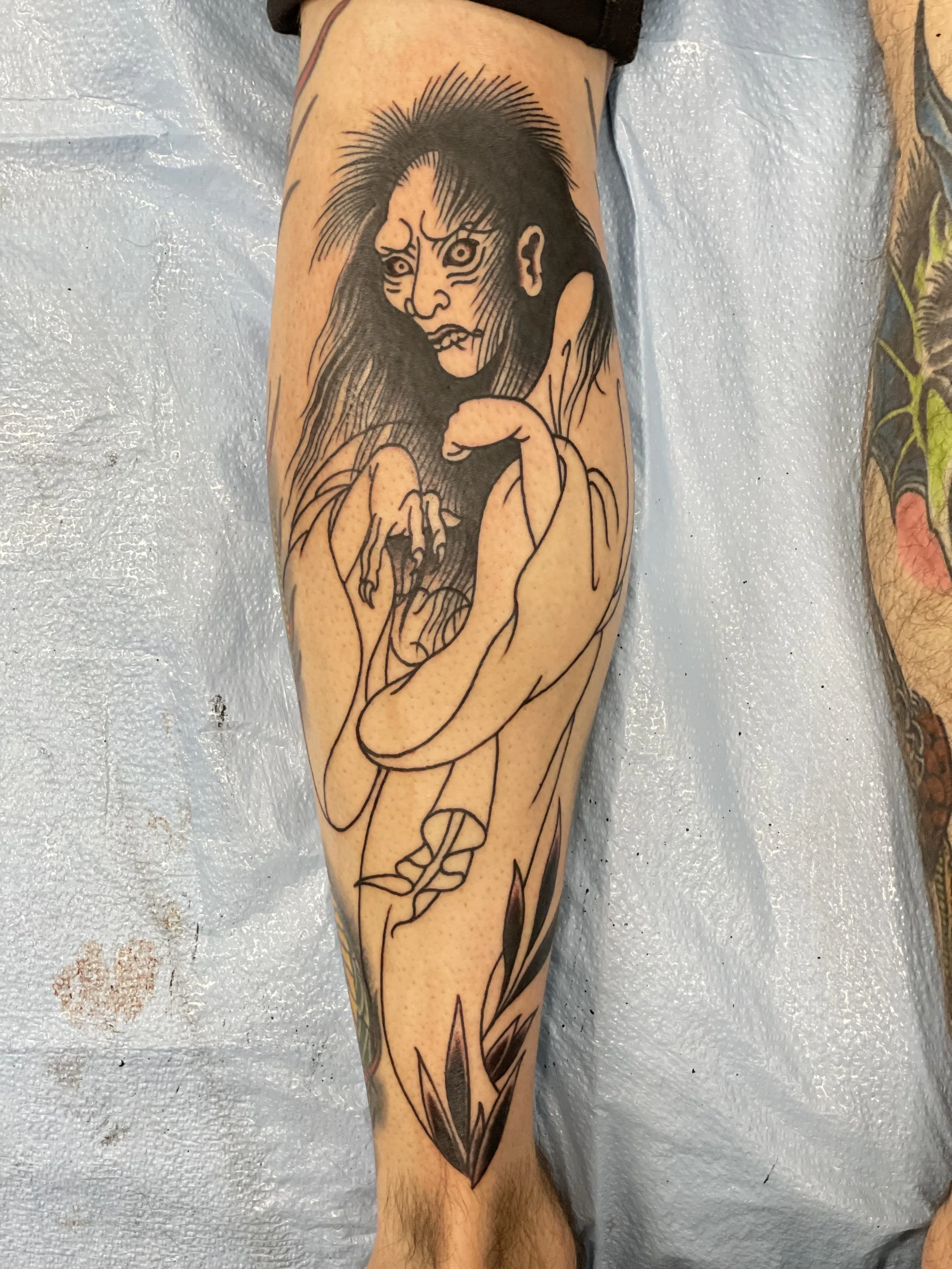 One of Japanese folklore's most haunting figures. A Yūrei ghost woman with wild dark hair, hollow intense eyes, and outstretched clawing hands, her robes dissolving into wisps and dark foliage. Deeply unsettling in the best possible way. Japanese bla