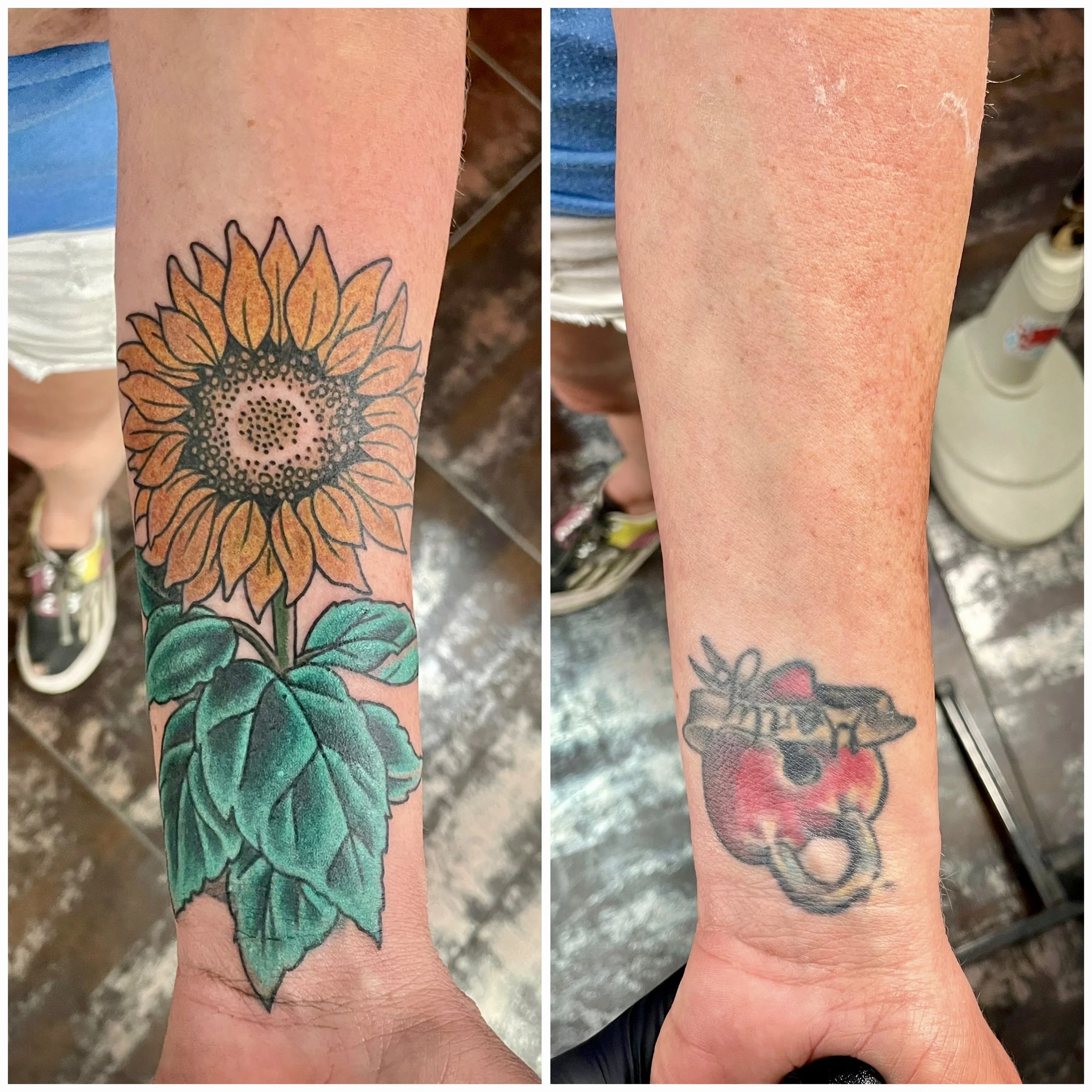 Before and after cover-up tattoo on the forearm and wrist, transforming a faded heart shaped locket wrist tattoo into a large, bold color sunflower with rich orange and amber petals, a detailed seed center, and deep green leaves cascading down the fo