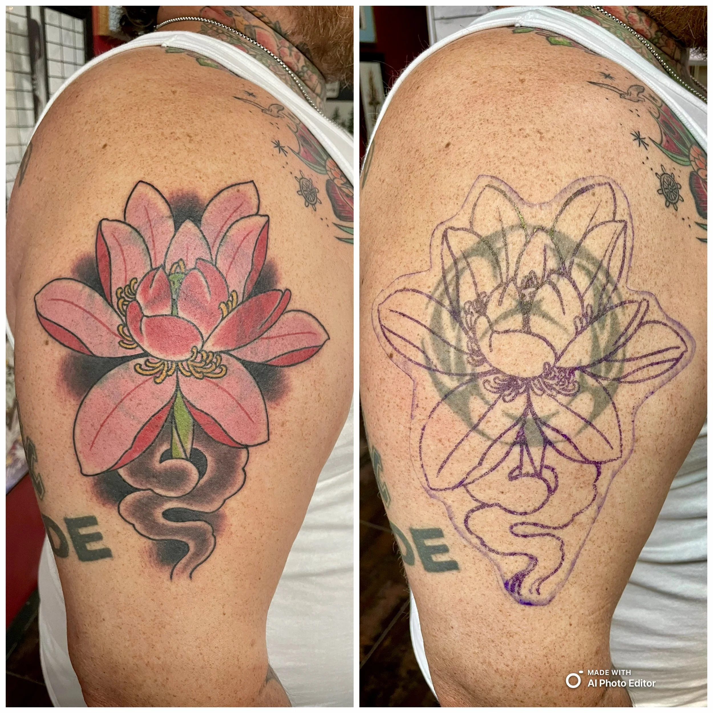 Before and after cover-up tattoo on the upper arm, transforming a faded old lotus tattoo into a bold Japanese-style color lotus flower in pink and red with golden stamens, set against a deep black cloud background, custom cover-up tattoo by Nick at B