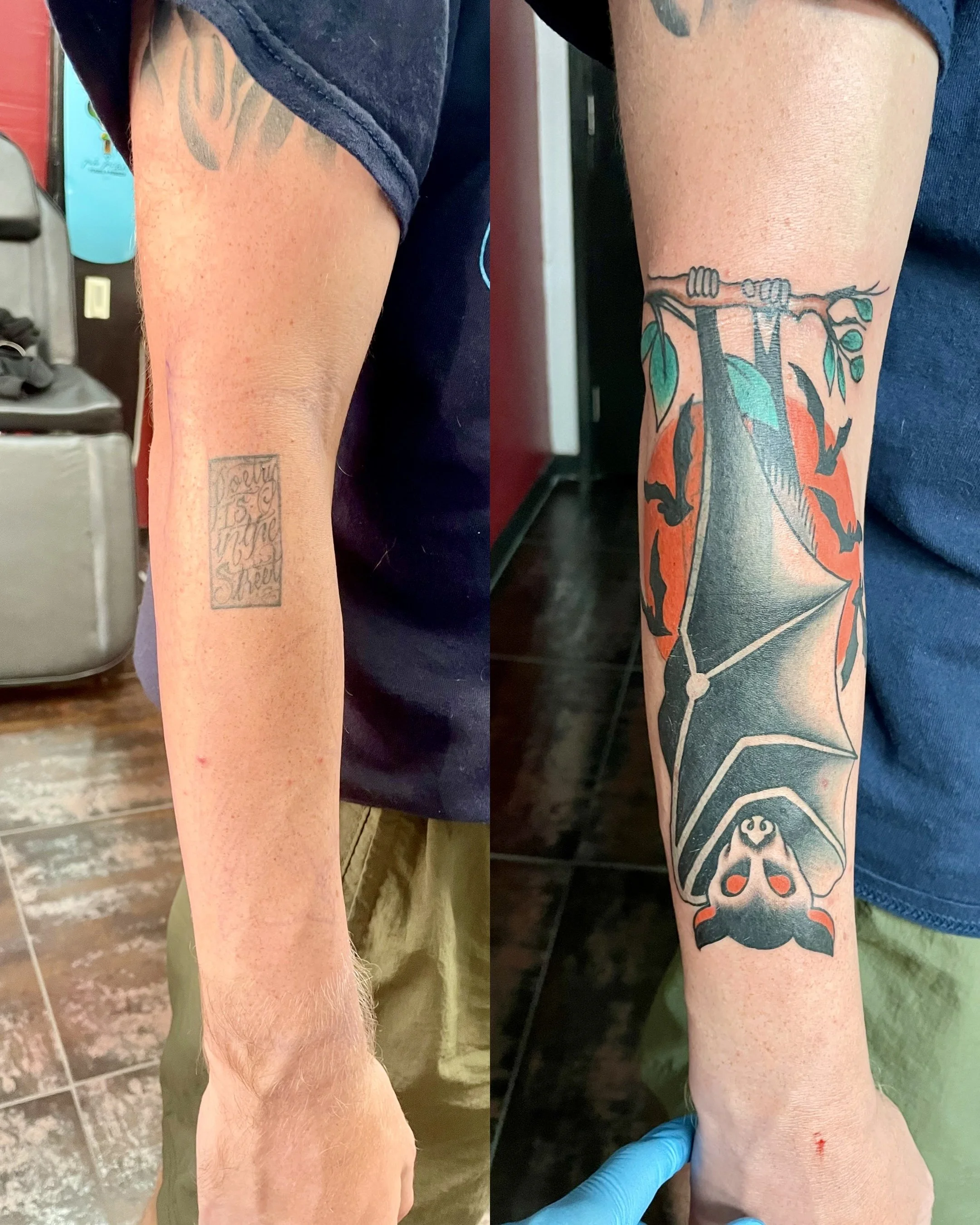 Before and after cover-up tattoo on the forearm, transforming a faded script text tattoo into a bold traditional American color tattoo of a hanging bat clinging upside down to a branch with teal leaves against a burnt orange full moon, with small bat