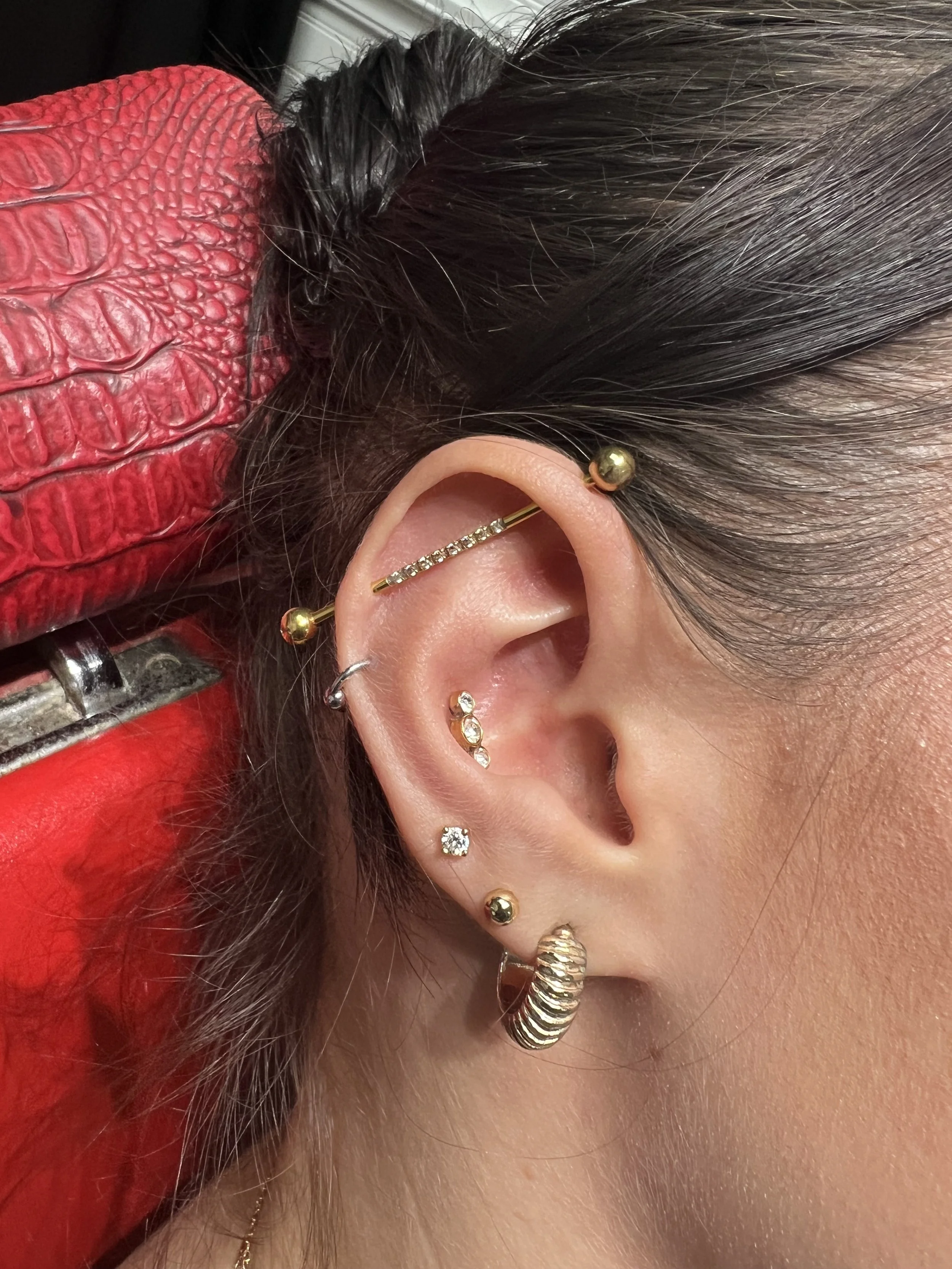 Curated ear featuring a gold industrial barbell with crystal-set bar, gold rook piercing with bezel set gems, gold tragus stud, and multiple gold lobe piercings. Fully coordinated gold ear stack. Done at Big Kahuna Tattoo in Boca Raton.