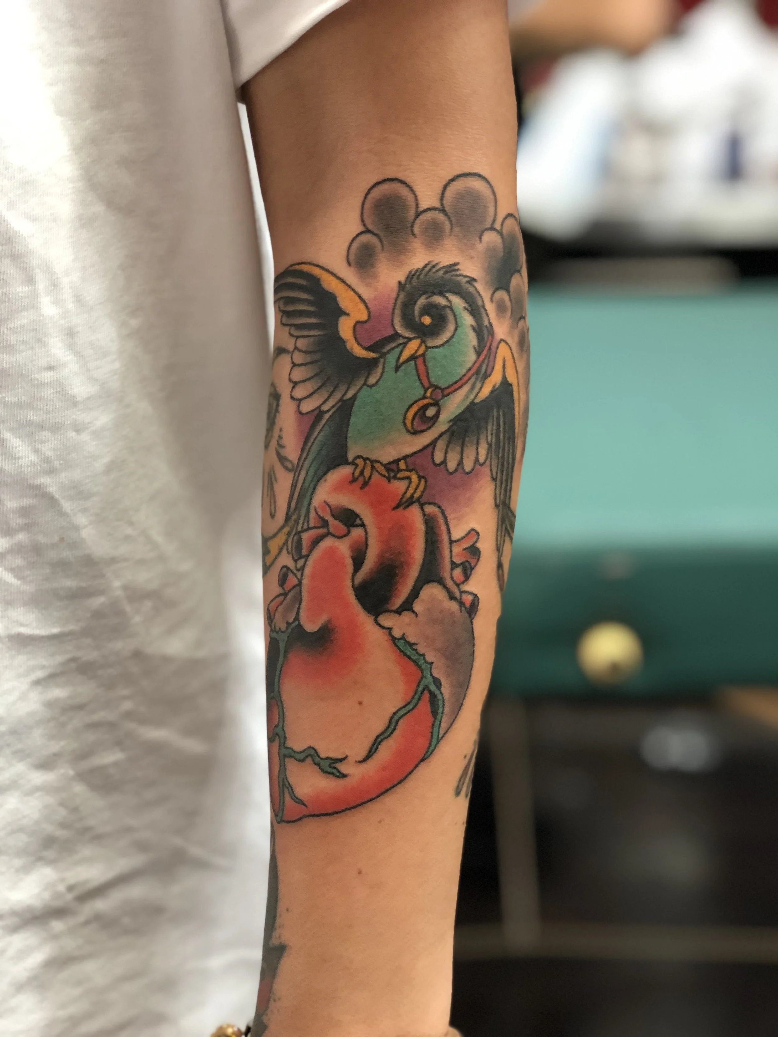 Neo traditional color forearm tattoo featuring a teal bird with a red collar perched on a cracked anatomical heart, with soft grey clouds in the background, custom tattoo by Nick at Big Kahuna Tattoo in Boca Raton, FL.
