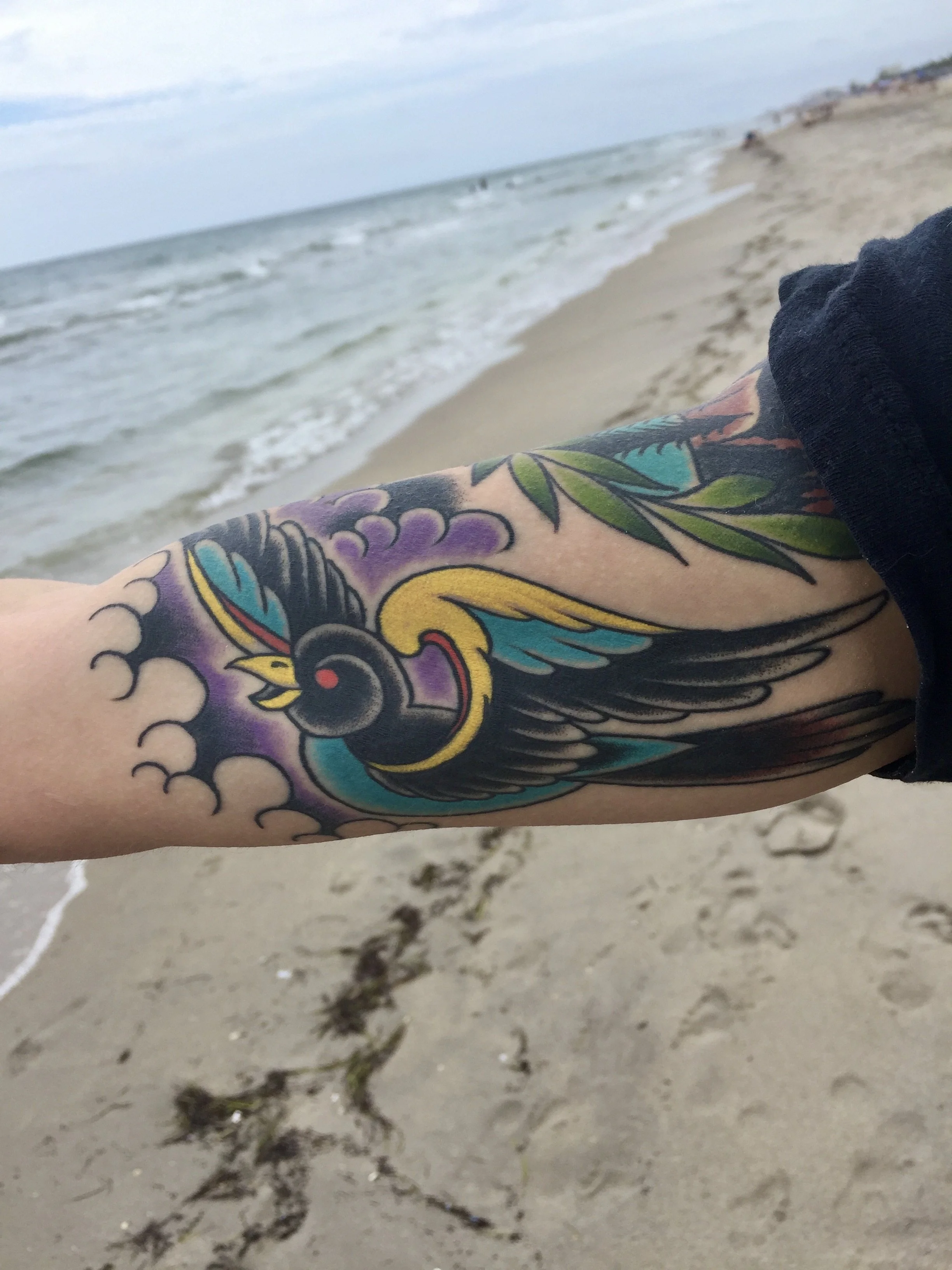 Traditional American color bicep tattoo featuring a bold swallow in flight with teal and gold wings against a purple cloud background, photographed on the beach in South Florida, custom tattoo by Nick at Big Kahuna Tattoo in Boca Raton, FL.