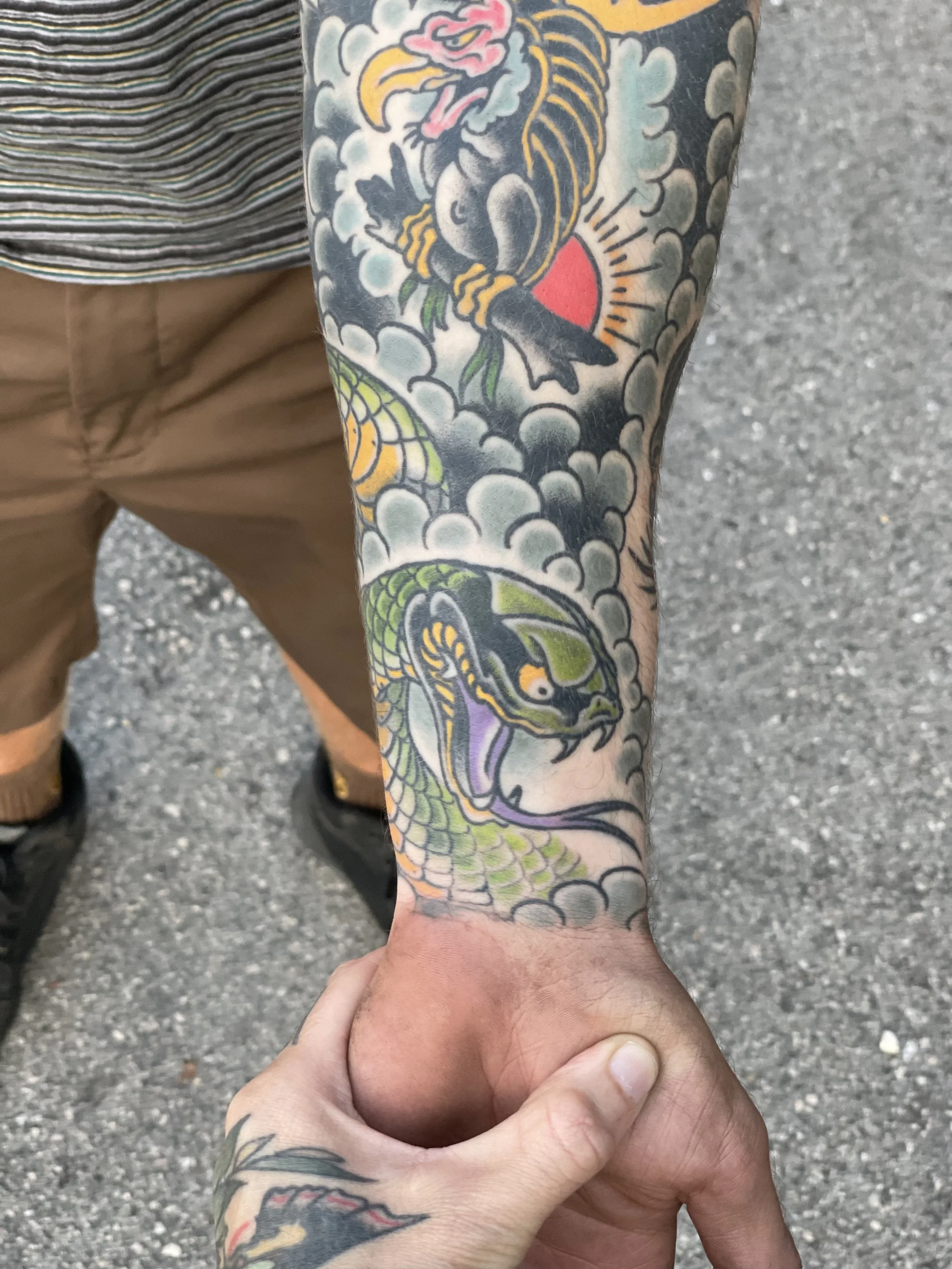 Traditional American color forearm sleeve tattoo featuring a striking green snake with a purple tongue and yellow eyes rearing up through grey Japanese-style clouds, as part of a larger sleeve composition including a tiger and red sun, custom tattoo 