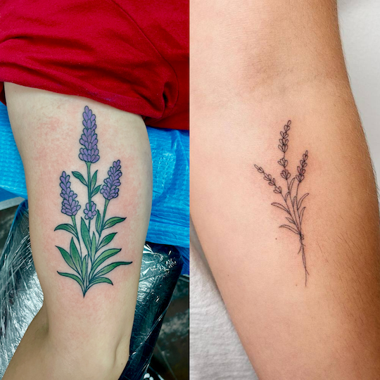 Side by side comparison of a traditional color lavender tattoo and a fine line lavender tattoo by Big Kahuna Tattoo in Boca Raton