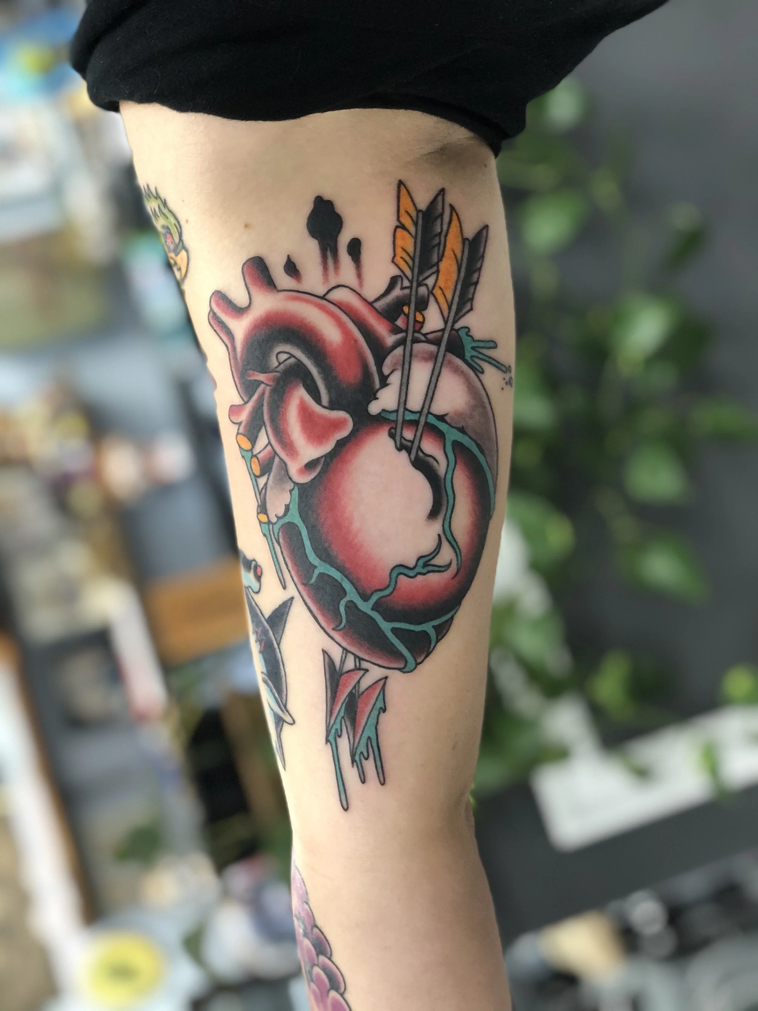 Neo traditional color tattoo featuring a detailed anatomical heart pierced by arrows with teal veins and dripping ink on the upper arm, custom tattoo by Nick at Big Kahuna Tattoo in Boca Raton, FL.