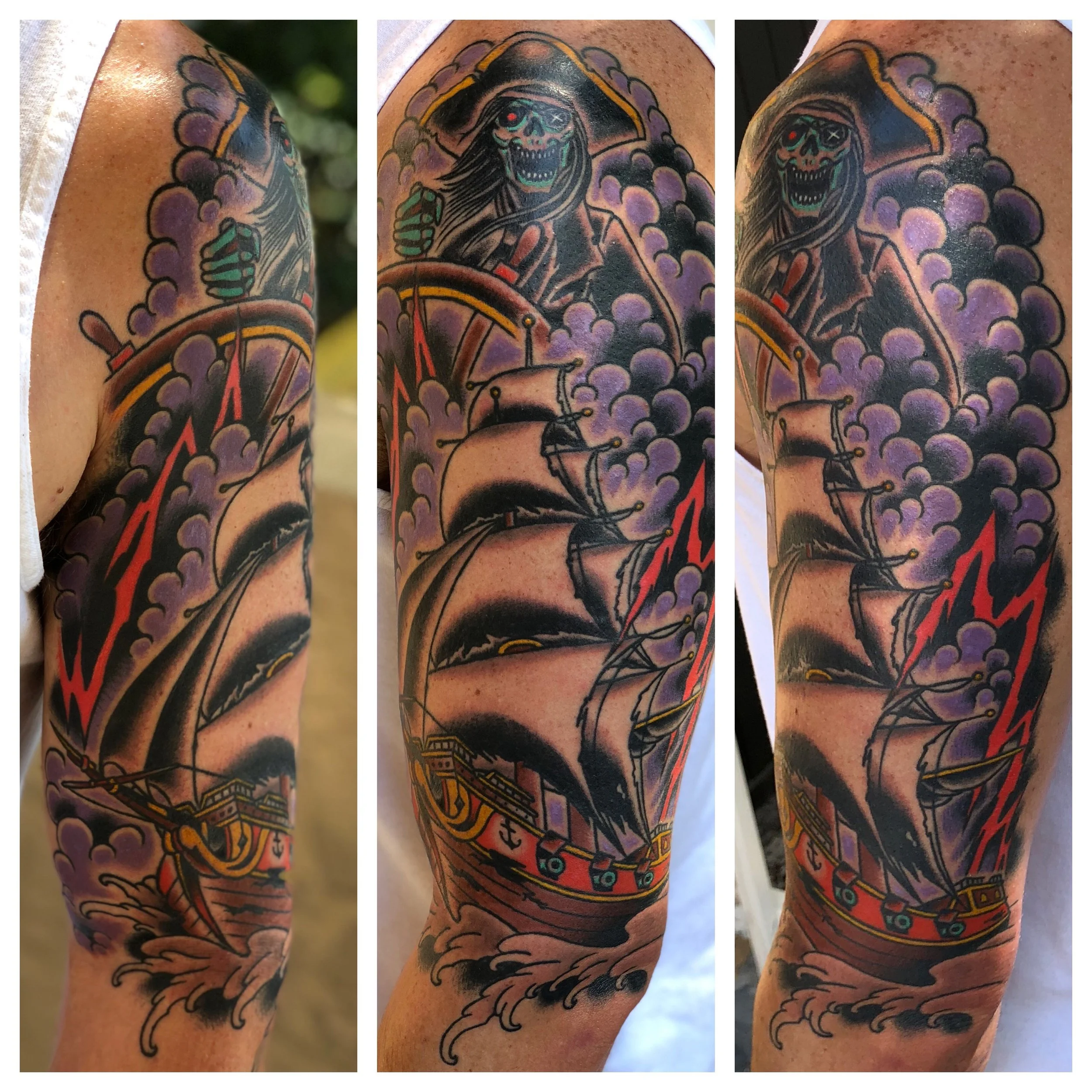 Traditional American color half sleeve tattoo featuring a grim reaper at the helm of a tall ship surrounded by purple storm clouds and red lightning, custom tattoo by Nick at Big Kahuna Tattoo in Boca Raton, FL.