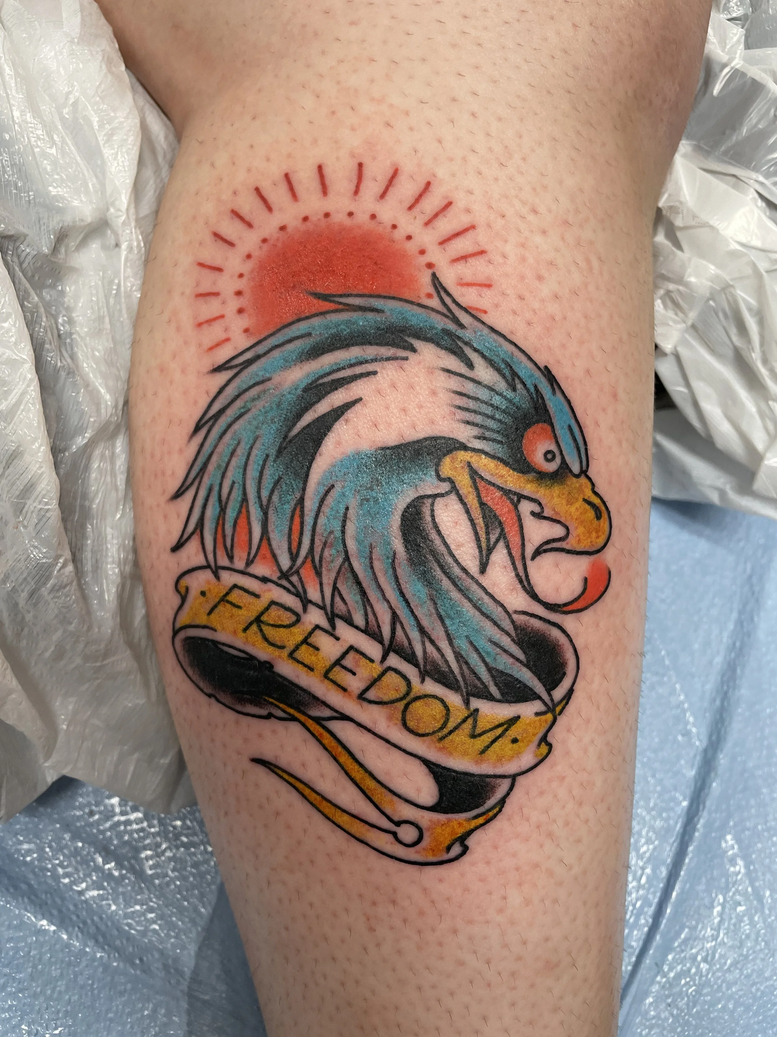 Traditional American color shin tattoo featuring a fierce blue bald eagle with beak open wide, set against a red sunburst, with a gold scroll banner below reading "Freedom," custom tattoo by Nick at Big Kahuna Tattoo in Boca Raton, FL.