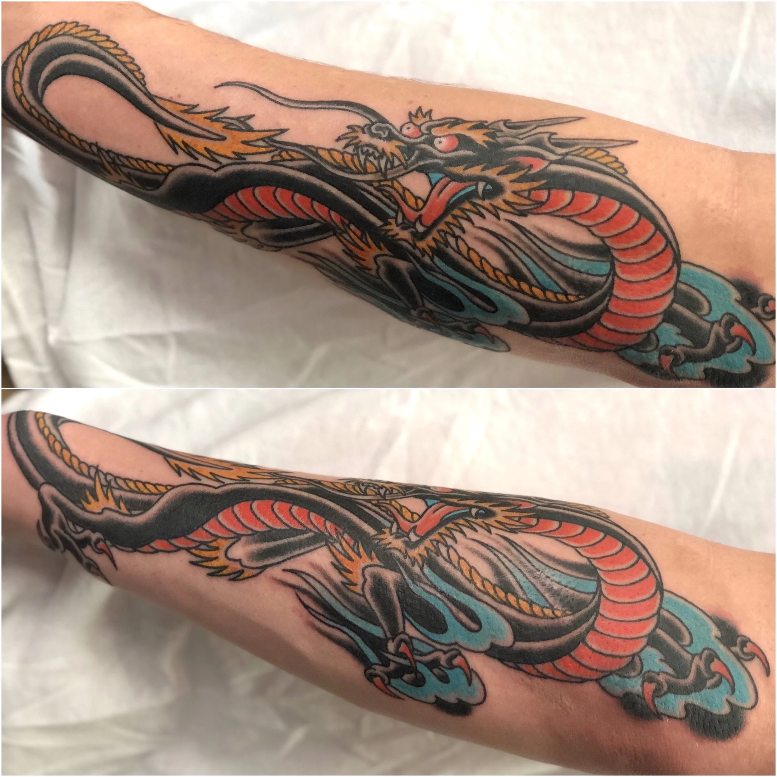 Japanese dragon tattoo executed in a traditional American style, featuring black scales with red belly plates, a yellow spine, and blue flames, wrapping around the forearm shown from two angles, custom tattoo by Nick at Big Kahuna Tattoo in Boca Rato