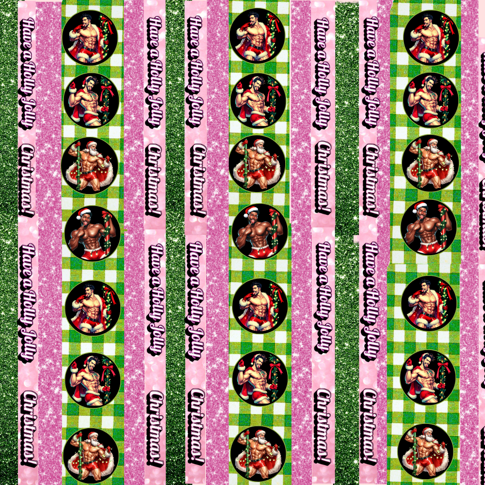 Sexy Shirtless Santas on Festive & Fabulous Pink and Green Glitter design