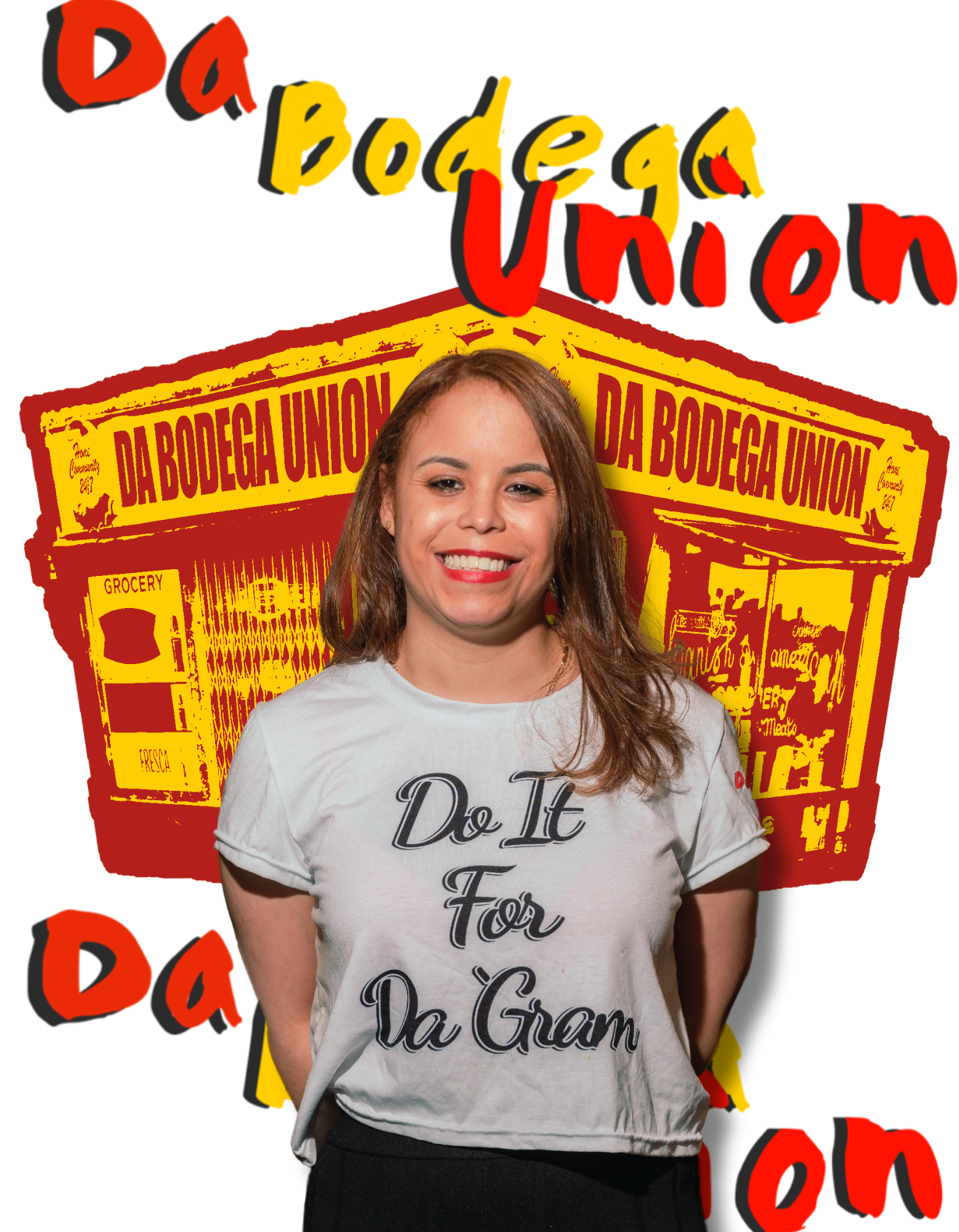A woman smiling in front of a colorful illustrated background of a grocery stand with the text 'Da Bodega Union'. The woman wears a white t-shirt with the phrase 'Do It For Da Gram'.