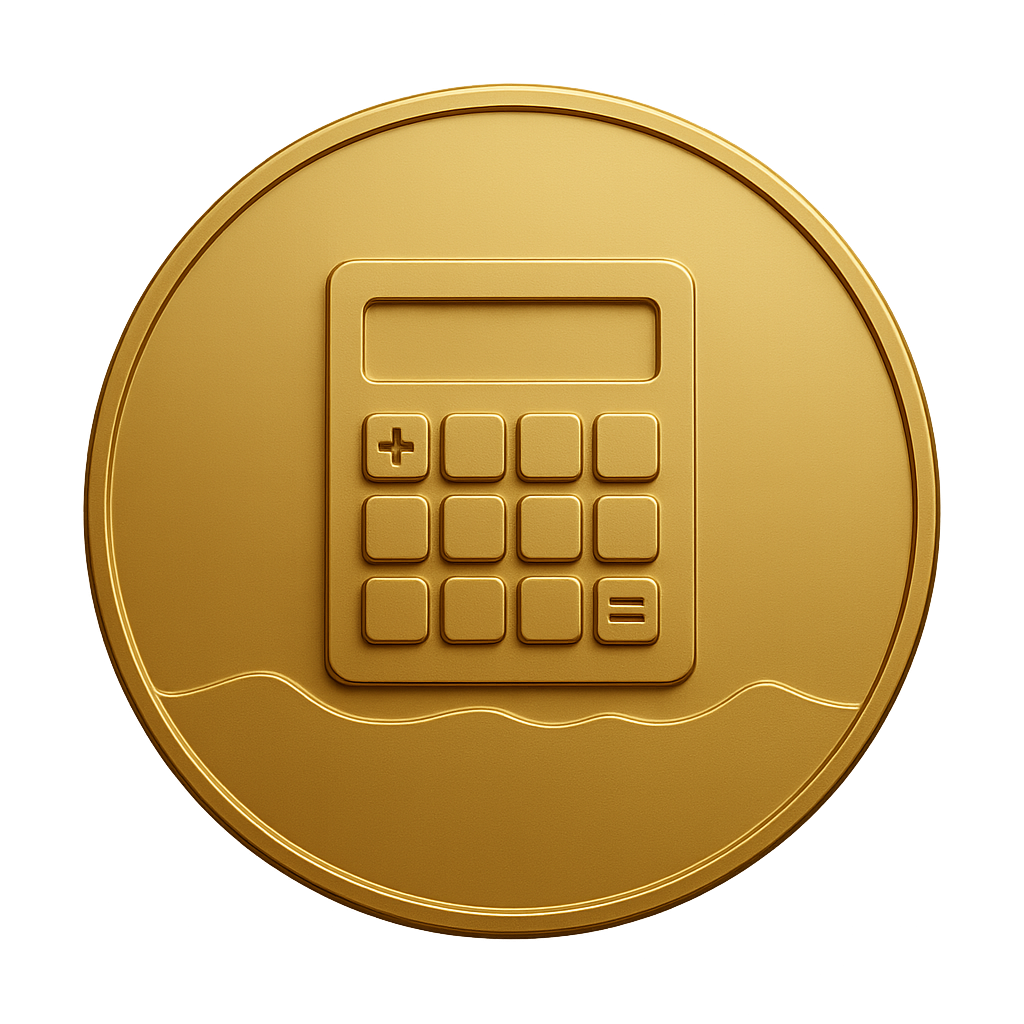 Gold coin with a calculator engraved on it, featuring plus and equal buttons.
