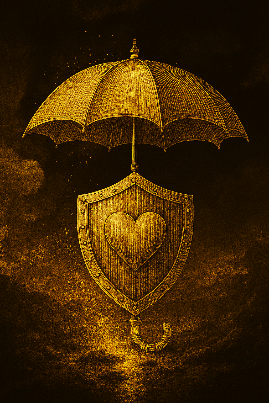 A golden umbrella shades a shield with a heart on it, floating against a dark, cloudy sky.