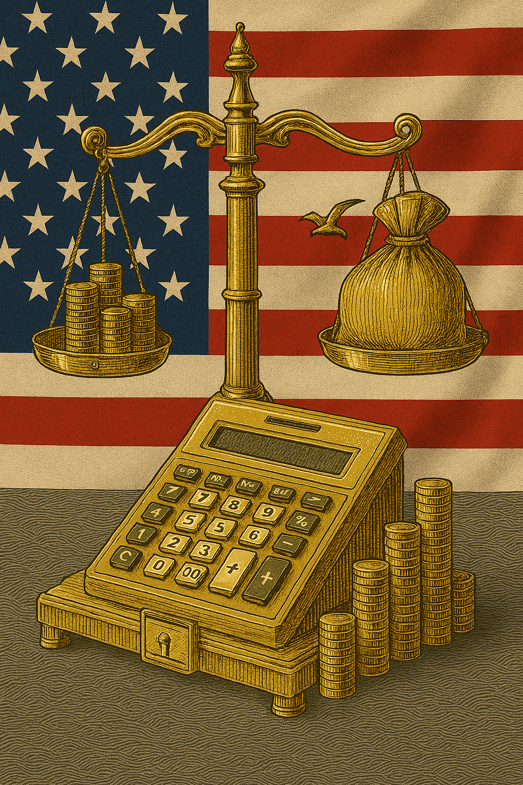 An illustration of a scale balancing a bag of money and coins on one side and a stack of coins on the other, with an American flag in the background.