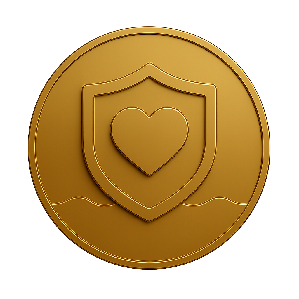 Gold coin featuring a shield with a heart symbol inside.