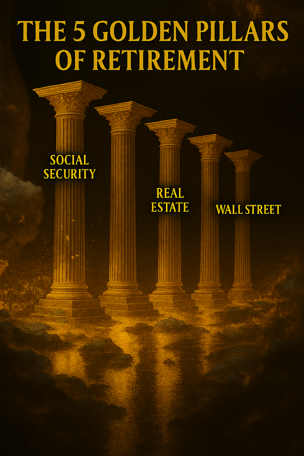 A graphic illustration depicting five golden classical columns with a reflection in the water below. Each column is labeled as a pillar of retirement: Social Security, Real Estate, Wall Street, and the fifth pillar is missing.