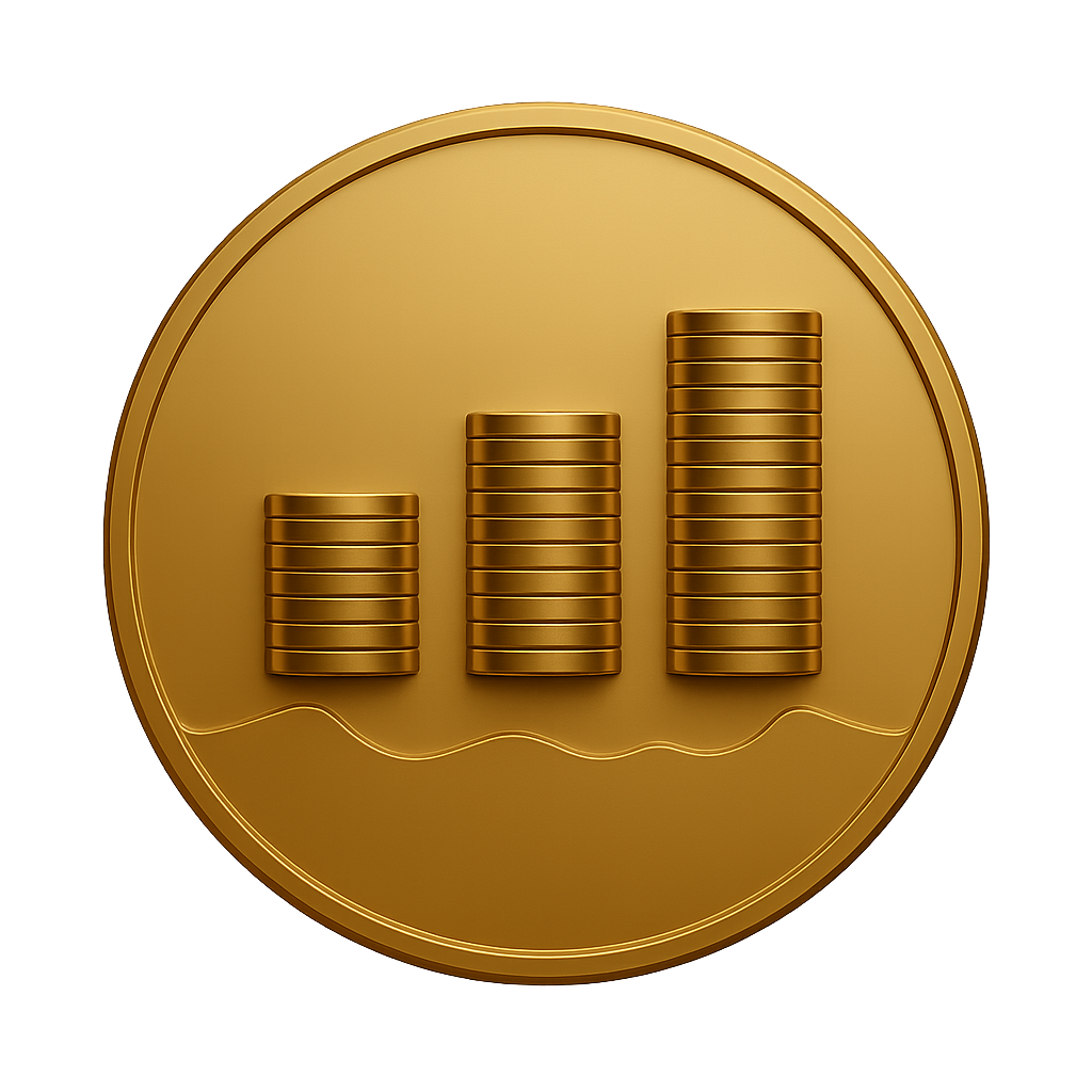 Gold coin with a bar chart made of stacked coins increasing in height from left to right.